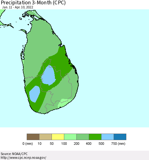 Sri Lanka Precipitation 3-Month (CPC) Thematic Map For 1/11/2022 - 4/10/2022