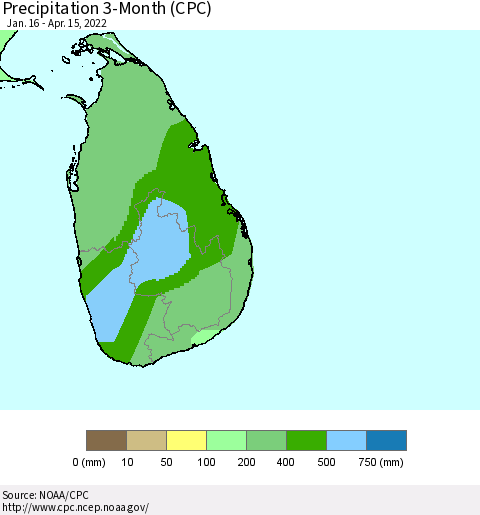 Sri Lanka Precipitation 3-Month (CPC) Thematic Map For 1/16/2022 - 4/15/2022