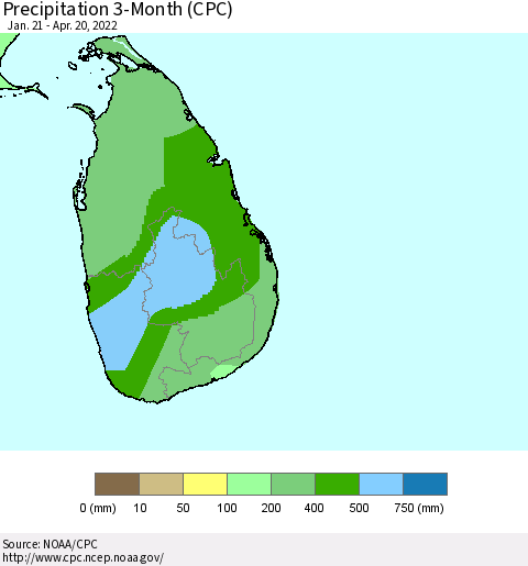 Sri Lanka Precipitation 3-Month (CPC) Thematic Map For 1/21/2022 - 4/20/2022