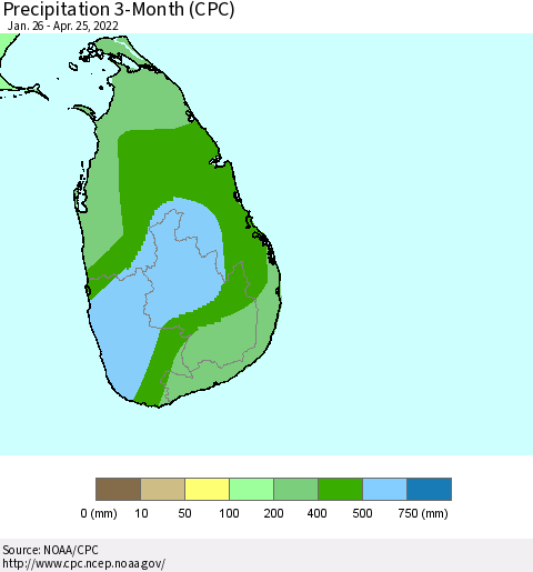 Sri Lanka Precipitation 3-Month (CPC) Thematic Map For 1/26/2022 - 4/25/2022