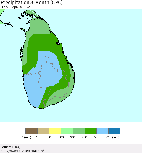 Sri Lanka Precipitation 3-Month (CPC) Thematic Map For 2/1/2022 - 4/30/2022
