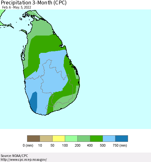 Sri Lanka Precipitation 3-Month (CPC) Thematic Map For 2/6/2022 - 5/5/2022