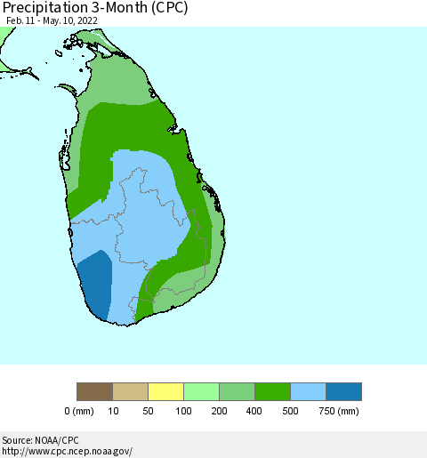 Sri Lanka Precipitation 3-Month (CPC) Thematic Map For 2/11/2022 - 5/10/2022