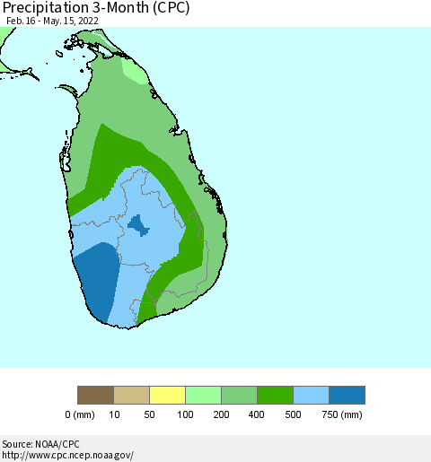 Sri Lanka Precipitation 3-Month (CPC) Thematic Map For 2/16/2022 - 5/15/2022