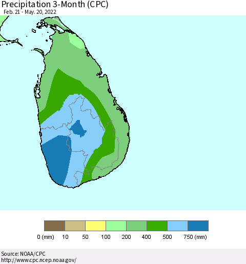 Sri Lanka Precipitation 3-Month (CPC) Thematic Map For 2/21/2022 - 5/20/2022