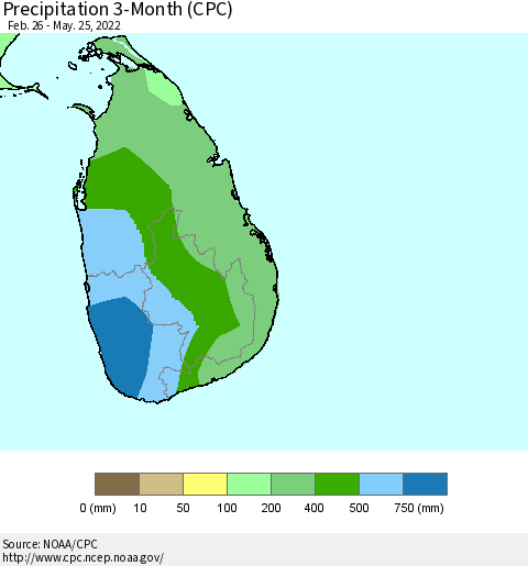 Sri Lanka Precipitation 3-Month (CPC) Thematic Map For 2/26/2022 - 5/25/2022