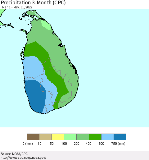 Sri Lanka Precipitation 3-Month (CPC) Thematic Map For 3/1/2022 - 5/31/2022