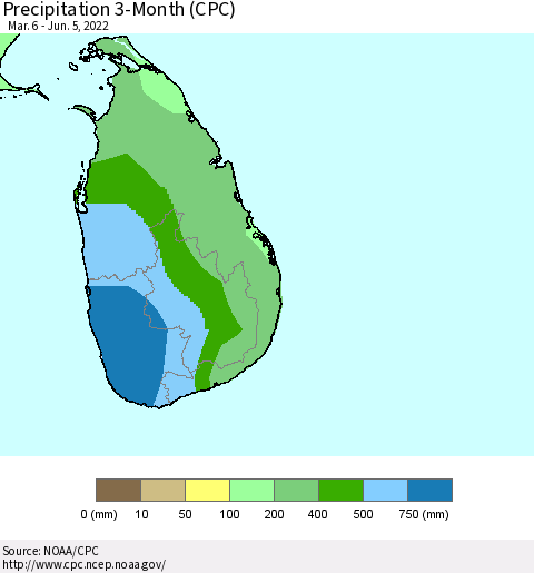 Sri Lanka Precipitation 3-Month (CPC) Thematic Map For 3/6/2022 - 6/5/2022