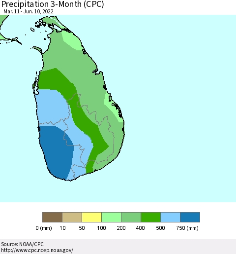 Sri Lanka Precipitation 3-Month (CPC) Thematic Map For 3/11/2022 - 6/10/2022
