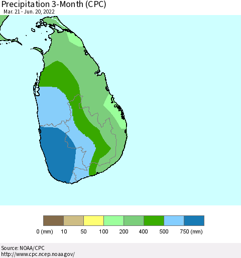 Sri Lanka Precipitation 3-Month (CPC) Thematic Map For 3/21/2022 - 6/20/2022