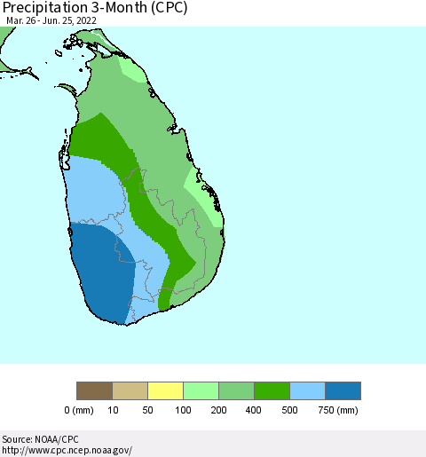 Sri Lanka Precipitation 3-Month (CPC) Thematic Map For 3/26/2022 - 6/25/2022