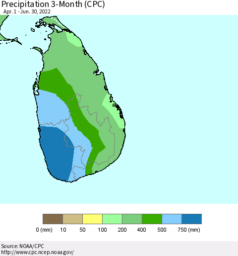 Sri Lanka Precipitation 3-Month (CPC) Thematic Map For 4/1/2022 - 6/30/2022