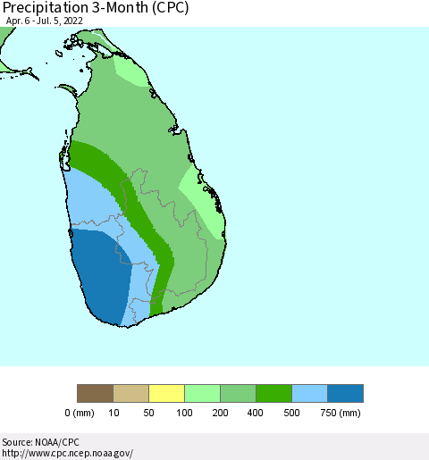 Sri Lanka Precipitation 3-Month (CPC) Thematic Map For 4/6/2022 - 7/5/2022