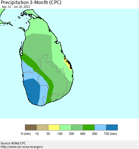 Sri Lanka Precipitation 3-Month (CPC) Thematic Map For 4/11/2022 - 7/10/2022