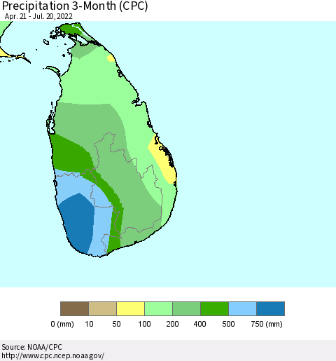Sri Lanka Precipitation 3-Month (CPC) Thematic Map For 4/21/2022 - 7/20/2022