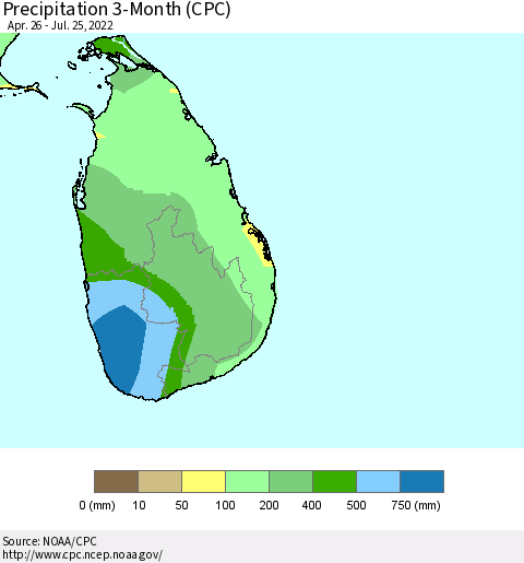 Sri Lanka Precipitation 3-Month (CPC) Thematic Map For 4/26/2022 - 7/25/2022
