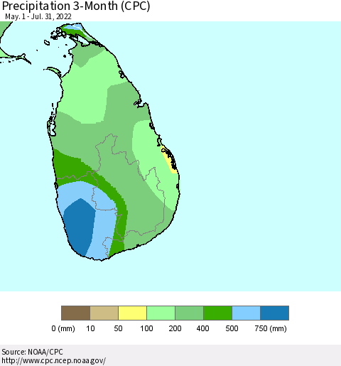 Sri Lanka Precipitation 3-Month (CPC) Thematic Map For 5/1/2022 - 7/31/2022