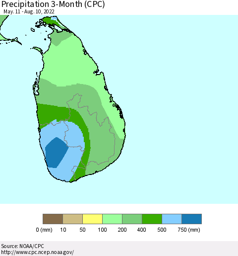Sri Lanka Precipitation 3-Month (CPC) Thematic Map For 5/11/2022 - 8/10/2022