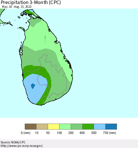 Sri Lanka Precipitation 3-Month (CPC) Thematic Map For 5/16/2022 - 8/15/2022