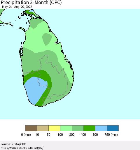 Sri Lanka Precipitation 3-Month (CPC) Thematic Map For 5/21/2022 - 8/20/2022