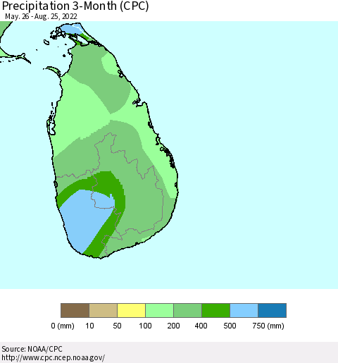 Sri Lanka Precipitation 3-Month (CPC) Thematic Map For 5/26/2022 - 8/25/2022