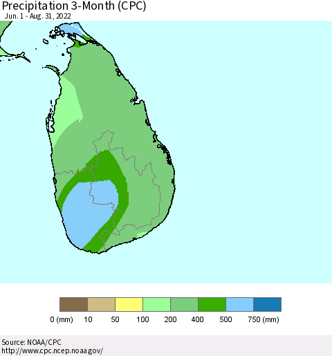 Sri Lanka Precipitation 3-Month (CPC) Thematic Map For 6/1/2022 - 8/31/2022