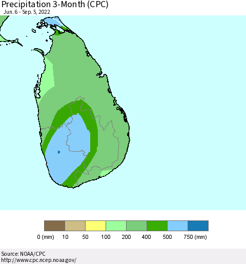 Sri Lanka Precipitation 3-Month (CPC) Thematic Map For 6/6/2022 - 9/5/2022