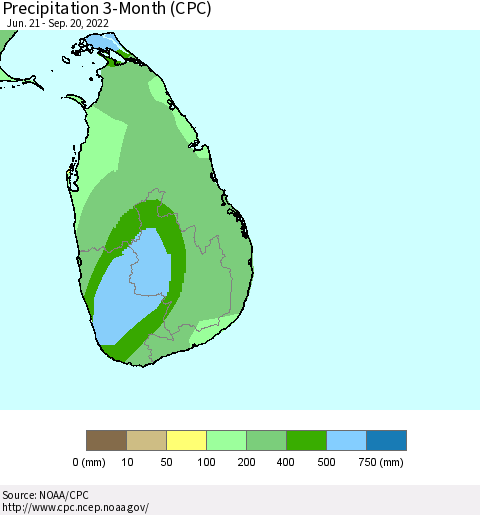 Sri Lanka Precipitation 3-Month (CPC) Thematic Map For 6/21/2022 - 9/20/2022