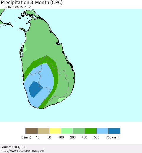 Sri Lanka Precipitation 3-Month (CPC) Thematic Map For 7/16/2022 - 10/15/2022