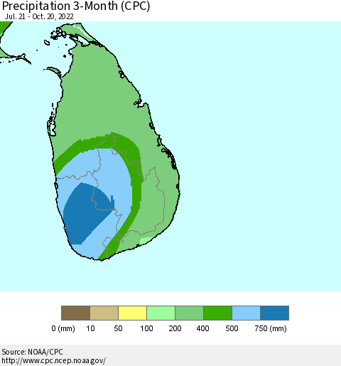 Sri Lanka Precipitation 3-Month (CPC) Thematic Map For 7/21/2022 - 10/20/2022