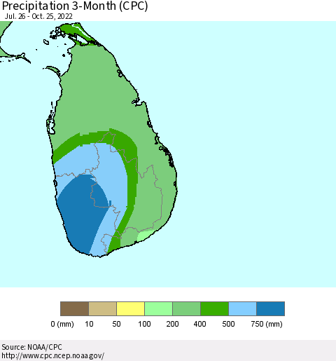 Sri Lanka Precipitation 3-Month (CPC) Thematic Map For 7/26/2022 - 10/25/2022