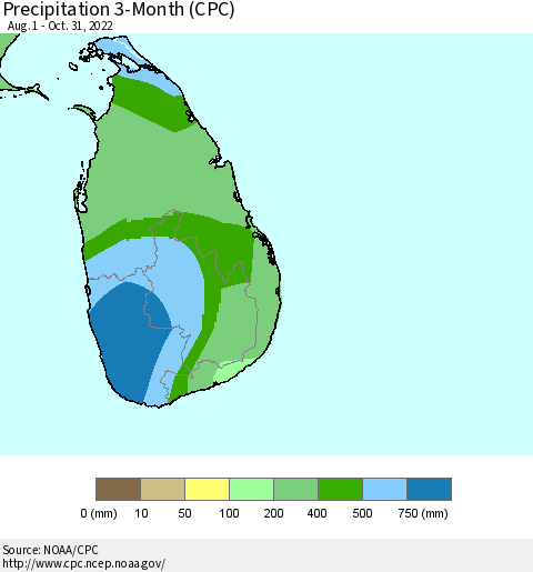 Sri Lanka Precipitation 3-Month (CPC) Thematic Map For 8/1/2022 - 10/31/2022