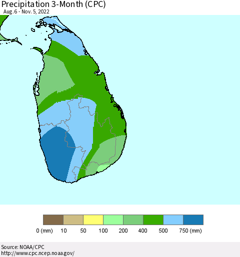 Sri Lanka Precipitation 3-Month (CPC) Thematic Map For 8/6/2022 - 11/5/2022