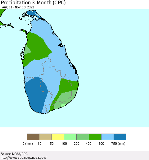 Sri Lanka Precipitation 3-Month (CPC) Thematic Map For 8/11/2022 - 11/10/2022