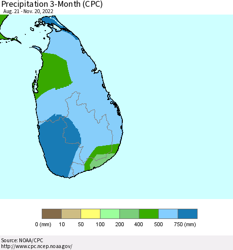 Sri Lanka Precipitation 3-Month (CPC) Thematic Map For 8/21/2022 - 11/20/2022