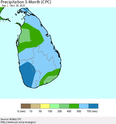 Sri Lanka Precipitation 3-Month (CPC) Thematic Map For 9/1/2022 - 11/30/2022