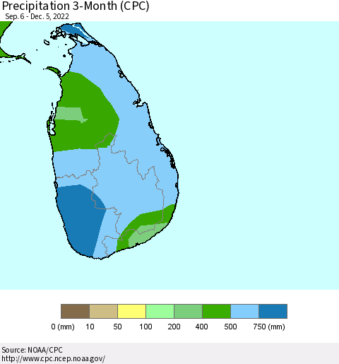 Sri Lanka Precipitation 3-Month (CPC) Thematic Map For 9/6/2022 - 12/5/2022