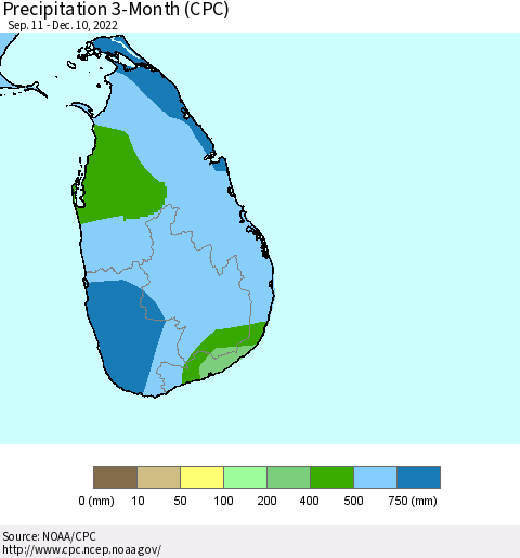 Sri Lanka Precipitation 3-Month (CPC) Thematic Map For 9/11/2022 - 12/10/2022