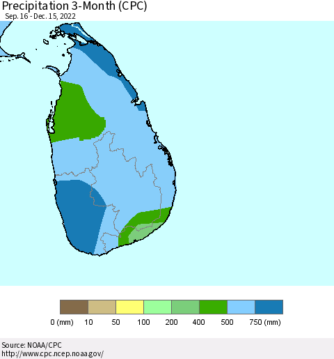 Sri Lanka Precipitation 3-Month (CPC) Thematic Map For 9/16/2022 - 12/15/2022
