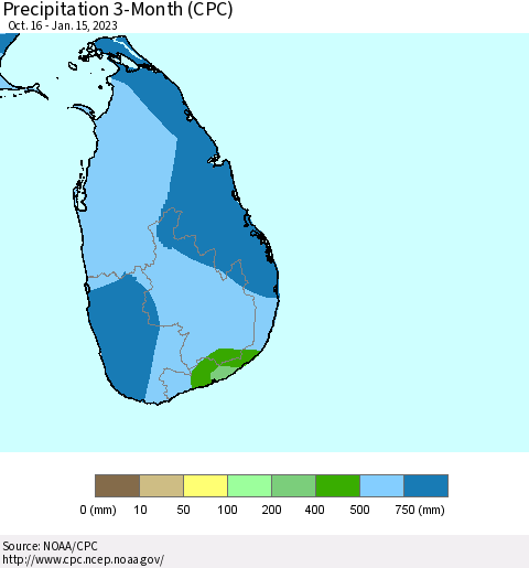 Sri Lanka Precipitation 3-Month (CPC) Thematic Map For 10/16/2022 - 1/15/2023