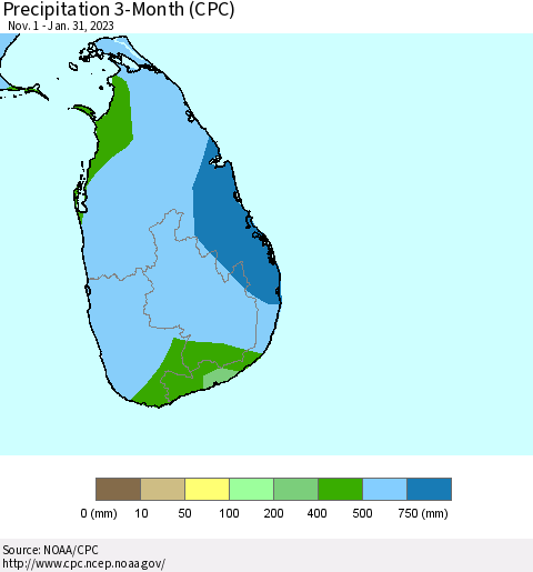 Sri Lanka Precipitation 3-Month (CPC) Thematic Map For 11/1/2022 - 1/31/2023