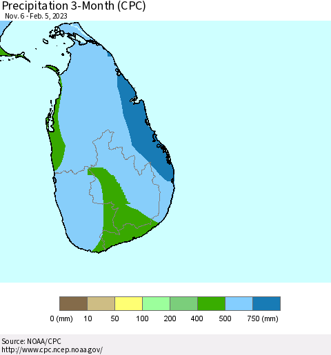 Sri Lanka Precipitation 3-Month (CPC) Thematic Map For 11/6/2022 - 2/5/2023