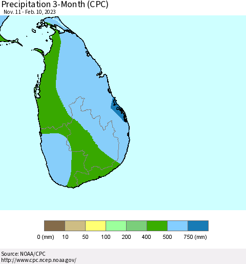 Sri Lanka Precipitation 3-Month (CPC) Thematic Map For 11/11/2022 - 2/10/2023