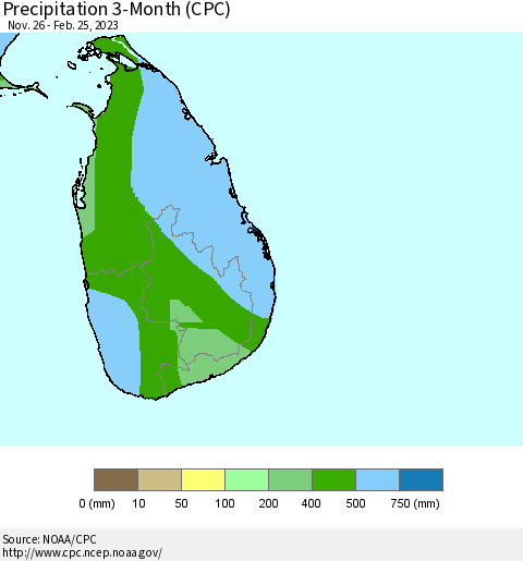 Sri Lanka Precipitation 3-Month (CPC) Thematic Map For 11/26/2022 - 2/25/2023