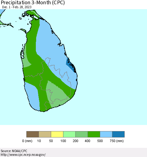 Sri Lanka Precipitation 3-Month (CPC) Thematic Map For 12/1/2022 - 2/28/2023