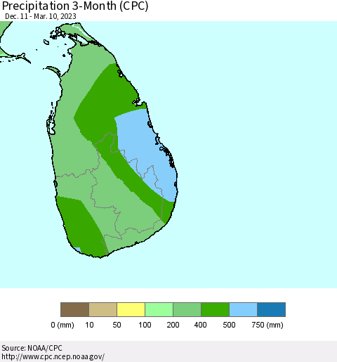 Sri Lanka Precipitation 3-Month (CPC) Thematic Map For 12/11/2022 - 3/10/2023