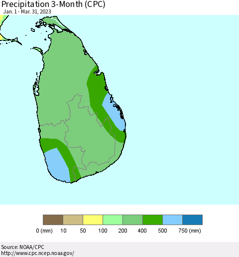 Sri Lanka Precipitation 3-Month (CPC) Thematic Map For 1/1/2023 - 3/31/2023
