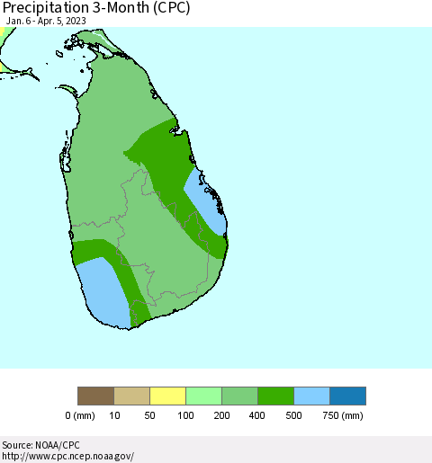 Sri Lanka Precipitation 3-Month (CPC) Thematic Map For 1/6/2023 - 4/5/2023