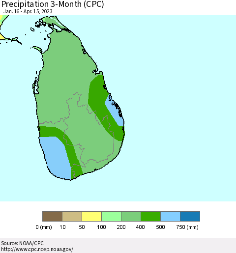 Sri Lanka Precipitation 3-Month (CPC) Thematic Map For 1/16/2023 - 4/15/2023