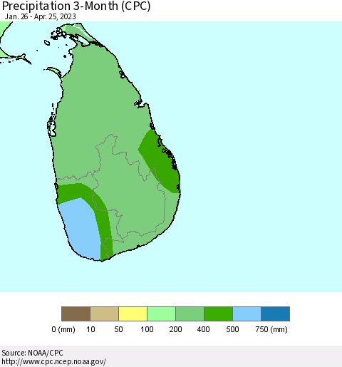 Sri Lanka Precipitation 3-Month (CPC) Thematic Map For 1/26/2023 - 4/25/2023